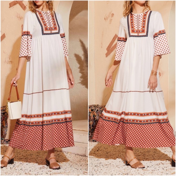 Dresses & Skirts - Boho Floral Print Dot White 3/4 sleeve maxi Dress